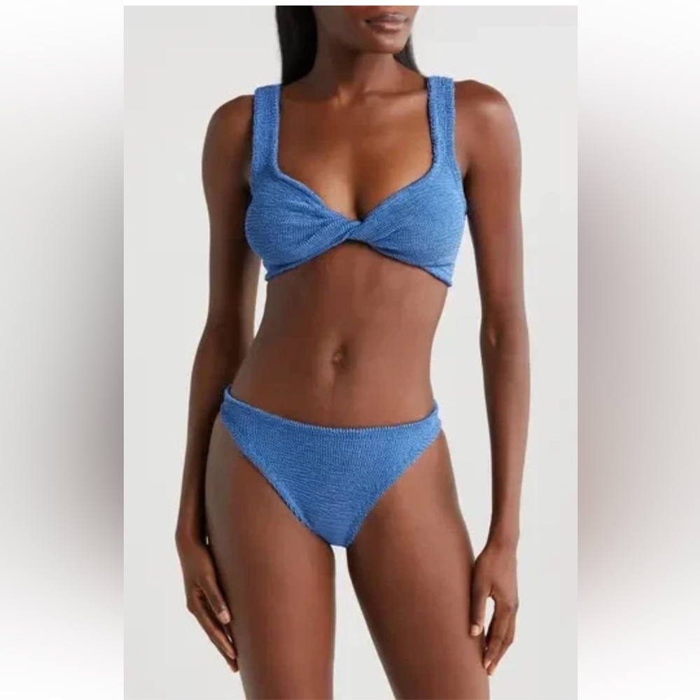 NWOT HUNZA G Juno Crinkle Twist Two-Piece Swimsuit Metallic Denim Women's $255